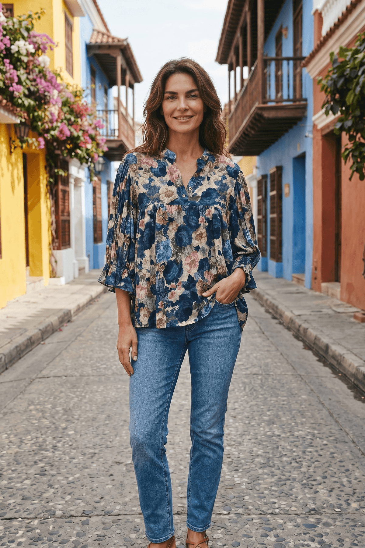 Herbstliche Blumen-Bluse mit Seidenanteil
