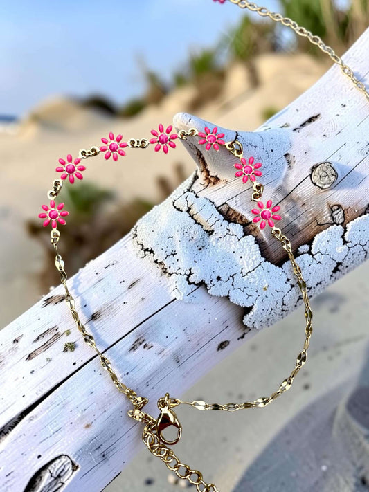Goldenes Fußkettchen mit pinken Blumen