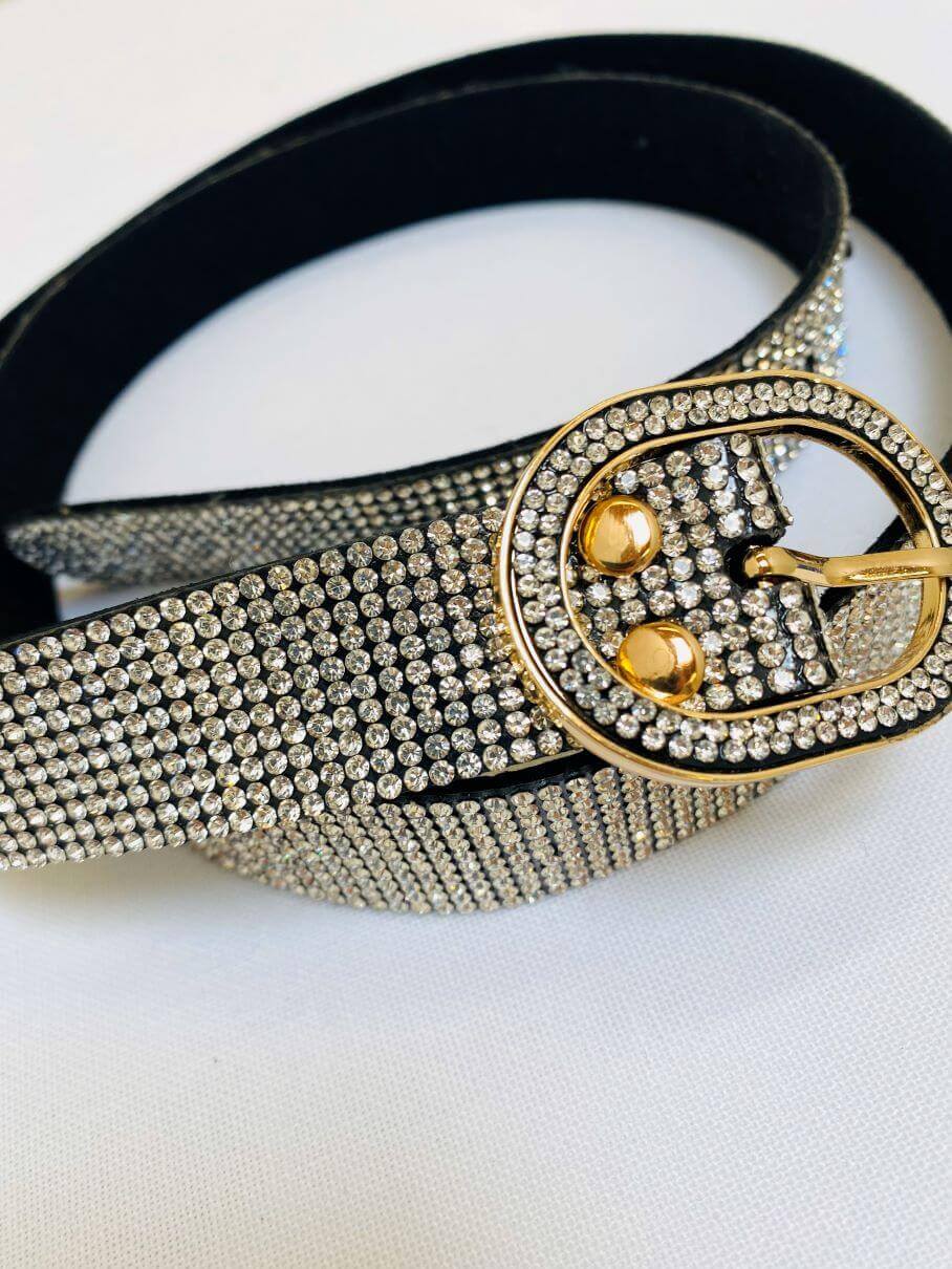 Schwarzer weicher Gürtel mit Silber Strasssteinen