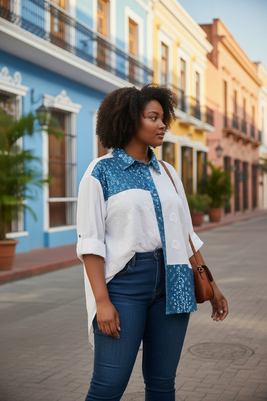 Weiße Baumwoll-Hemdbluse mit Jeansdetails