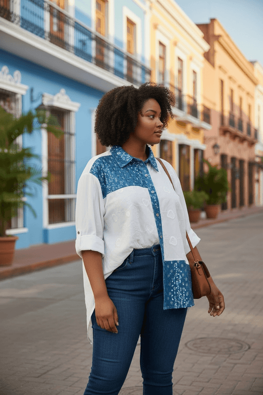 Weiße Baumwoll-Hemdbluse mit Jeansdetails