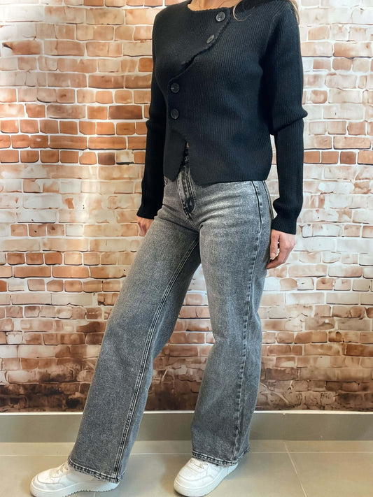 Graue Jeans mit breitem Bein - High Waist