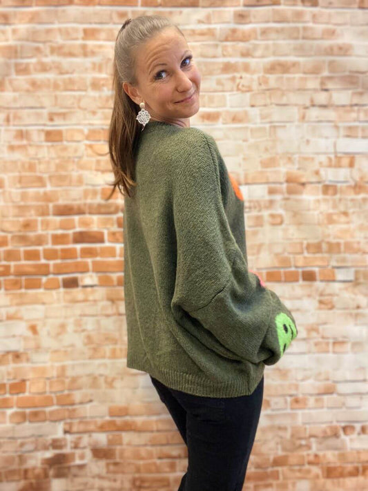 Strickpullover mit bunten Smileys - Oversize