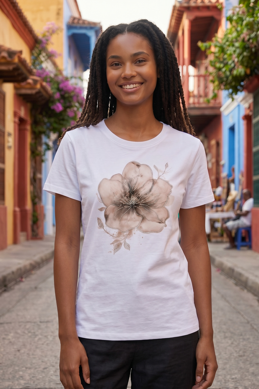 Weißes Kurzarmshirt mit Blume und silbernen Strasssteinen