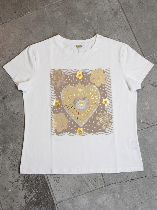 Weißes Kurzarmshirt mit braunem Herz-Blumen Aufdruck