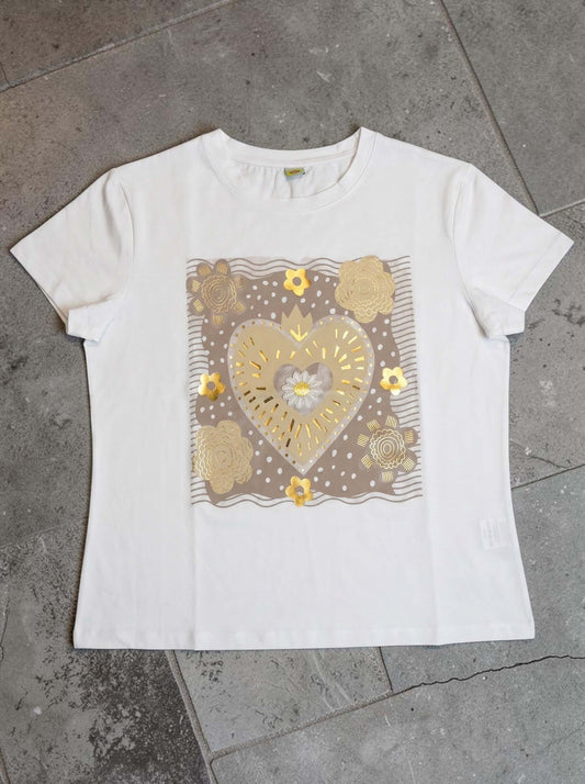 Weißes Kurzarmshirt mit braunem Herz-Blumen Aufdruck