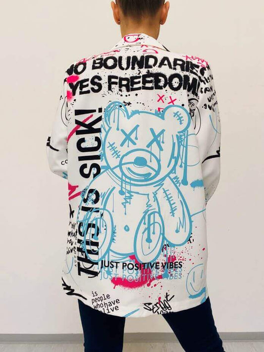 Weißer ausgefallener Blazer mit türkisem Teddy