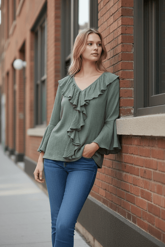 Rüschenbluse mit V-Ausschnitt und Silberfäden