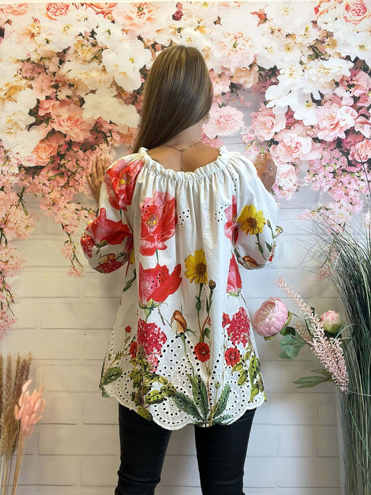 Weiße Langarmbluse mit bunten Blumen & Lochstickerei