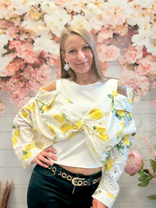 Weiße schulterfreie Zitronenbluse mit Ripptop - langarm