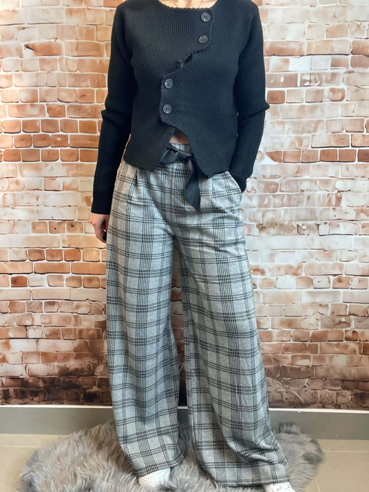 Grau-Schwarz gemusterte Stoffhose - Weites Bein