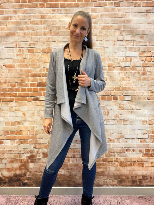 Melierter Übergangsmantel mit Wasserfallkragen