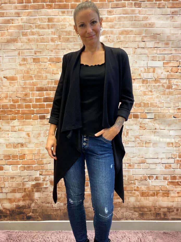 Melierter Übergangsmantel mit Wasserfallkragen