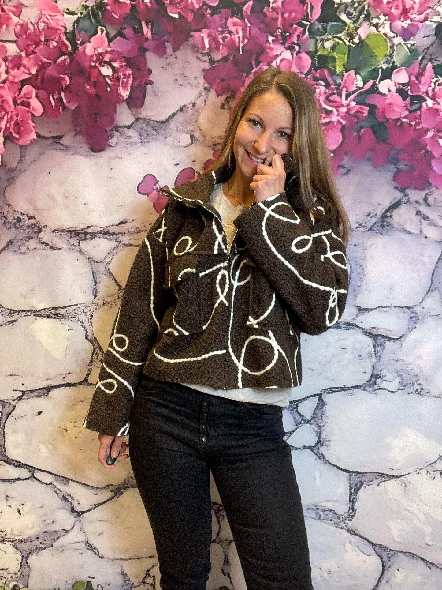 Kurze gestreifte Teddy-Übergangsjacke