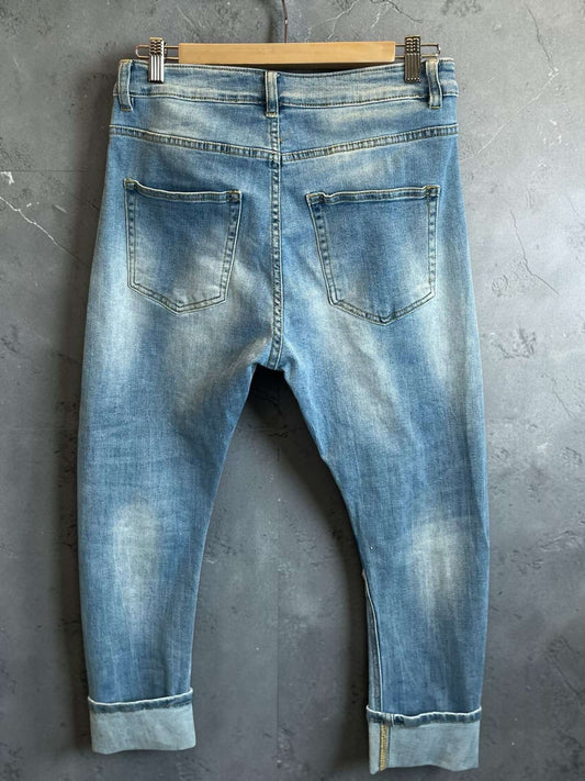 Blaue Sexy S. Woman Baggy Boyfriend Jeans "Blumen" - 7/8