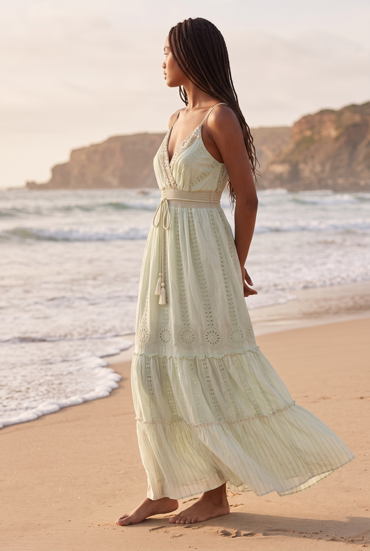 Bodenlanges Boho-Kleid mit Spaghettiträgern und Goldfäden
