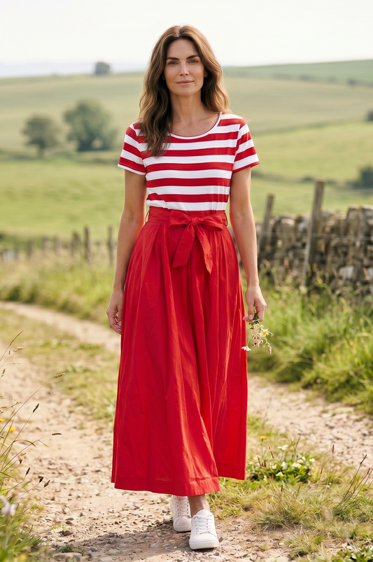 Langes Kurzarm-Viskosekleid - gestreiftes Oberteil