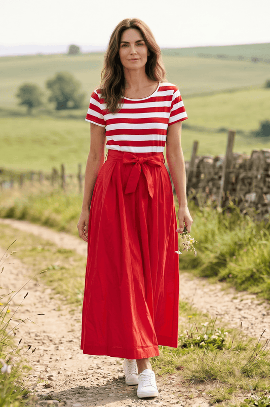 Langes Kurzarm-Viskosekleid - gestreiftes Oberteil