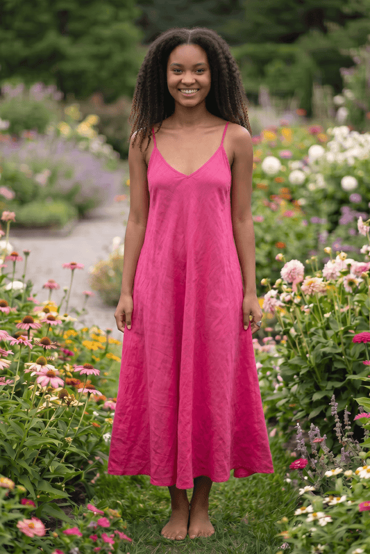 Midi Leinenkleid mit Spaghettiträgern - A-Linie