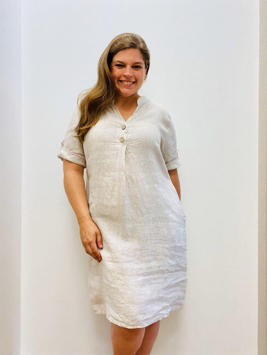 Leinenkleid mit 3/4-Arm und V-Ausschnitt