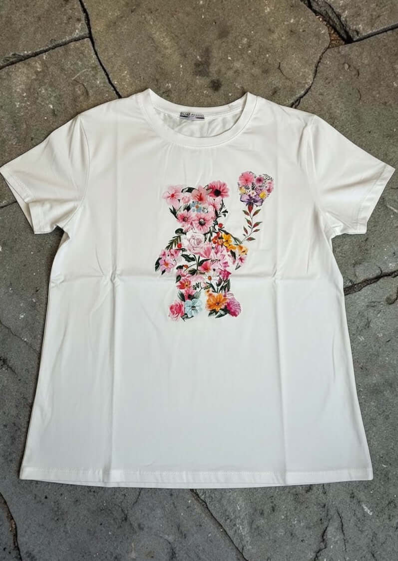 Weißes Kurzarmshirt mit buntem Blumen-Bär Motiv