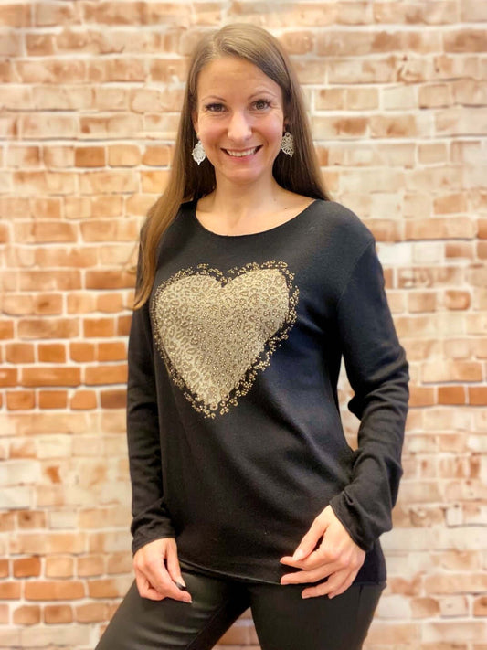 Viskose-Langarmshirt mit glänzendem Herz Leo Strass