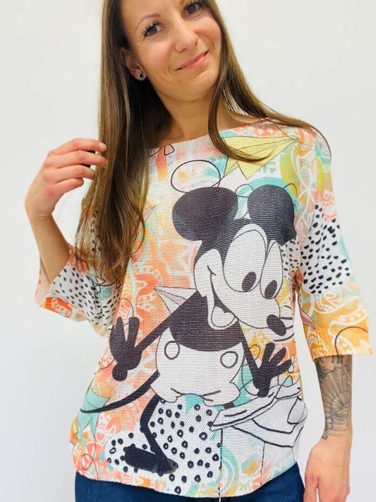 Netzpullover mit buntem Mickey Mouse Motiv