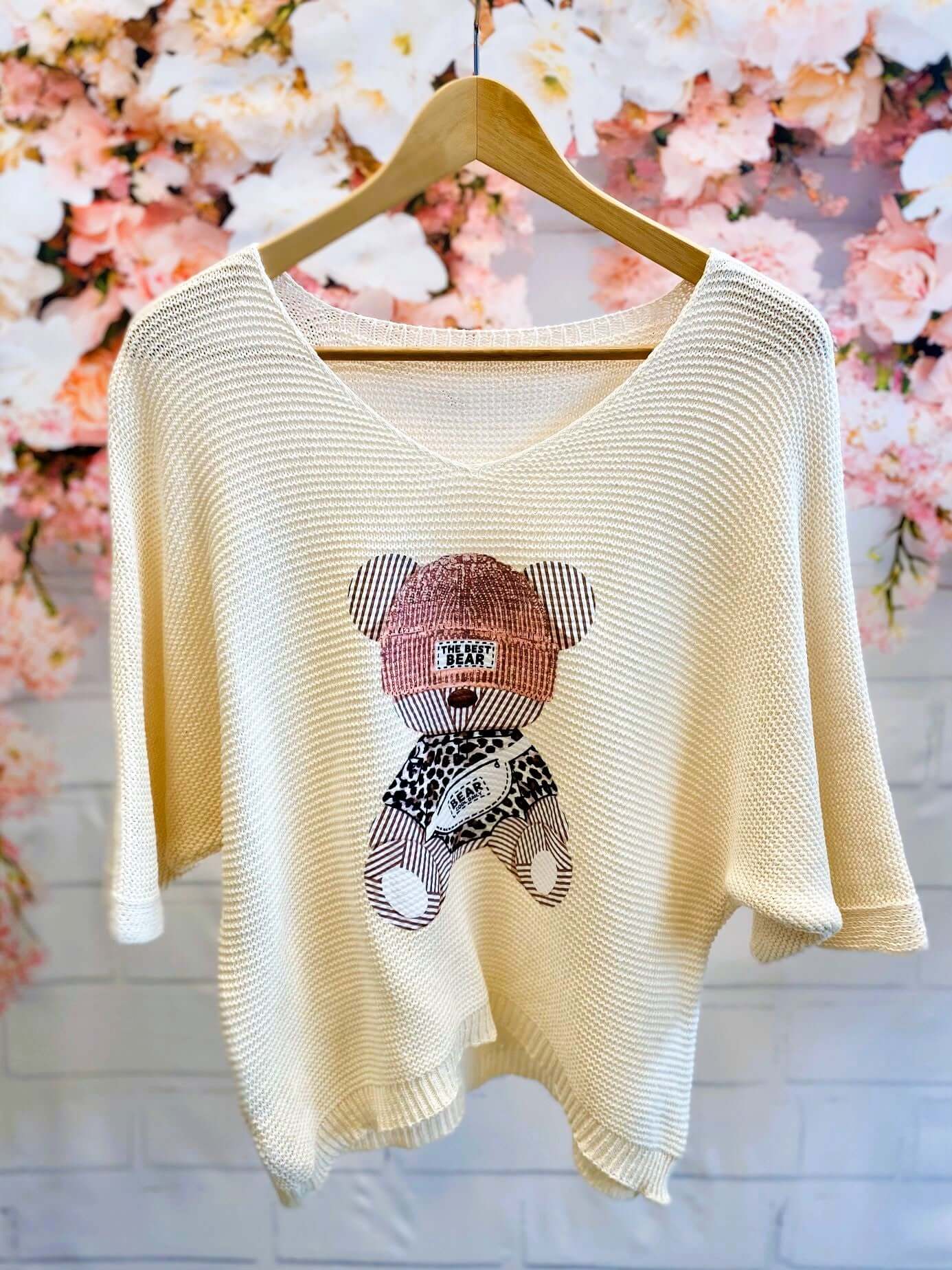 Kurzarm Strick-Pullover mit Bärmotiv