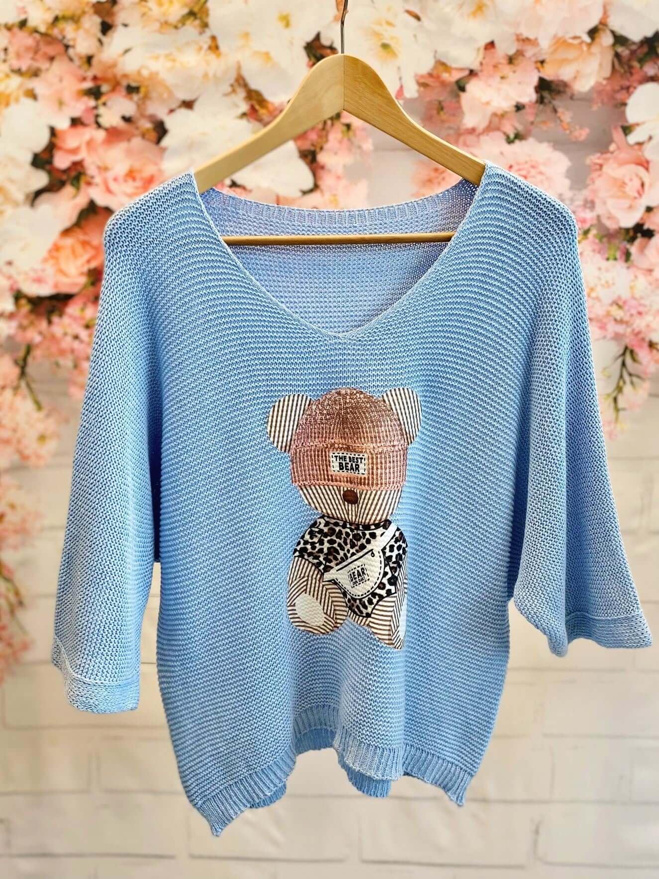 Kurzarm Strick-Pullover mit Bärmotiv