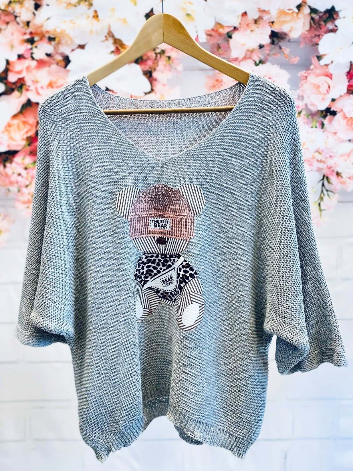 Kurzarm Strick-Pullover mit Bärmotiv