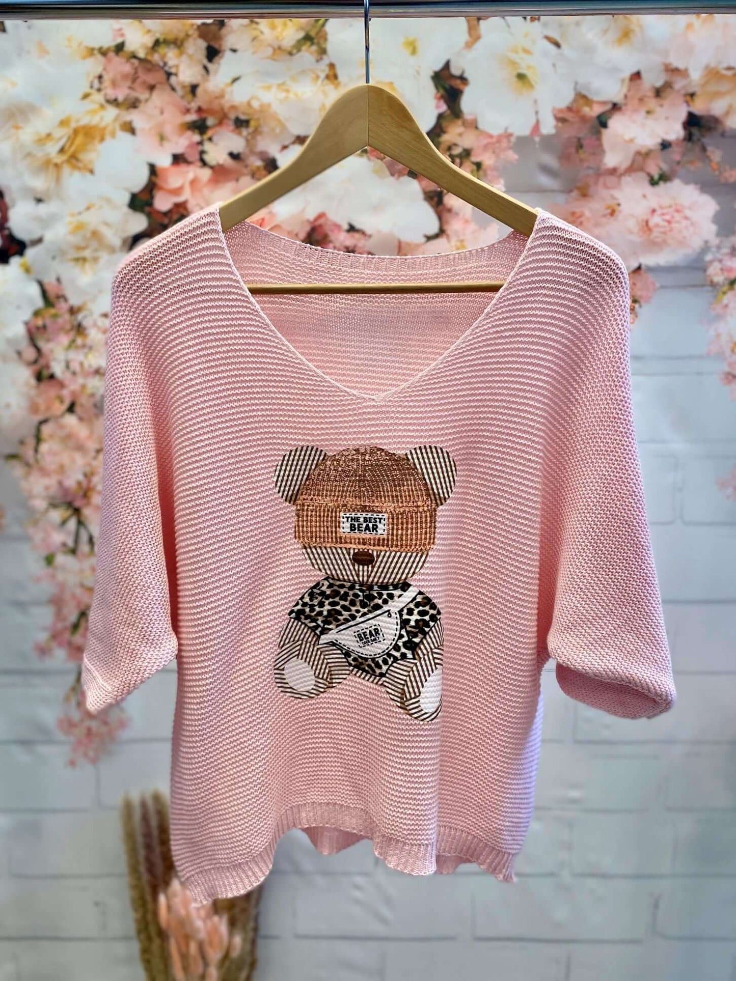 Kurzarm Strick-Pullover mit Bärmotiv