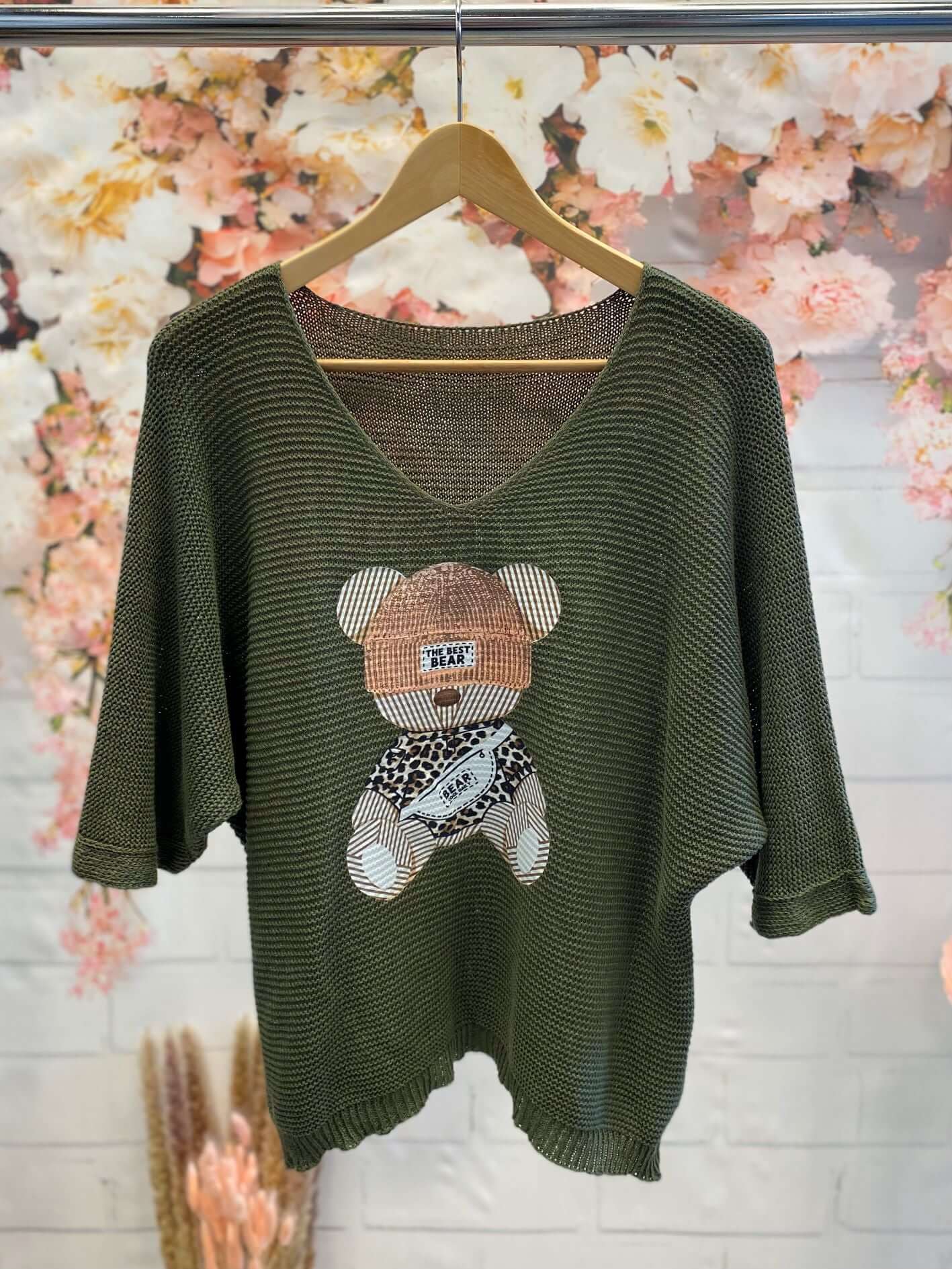 Kurzarm Strick-Pullover mit Bärmotiv