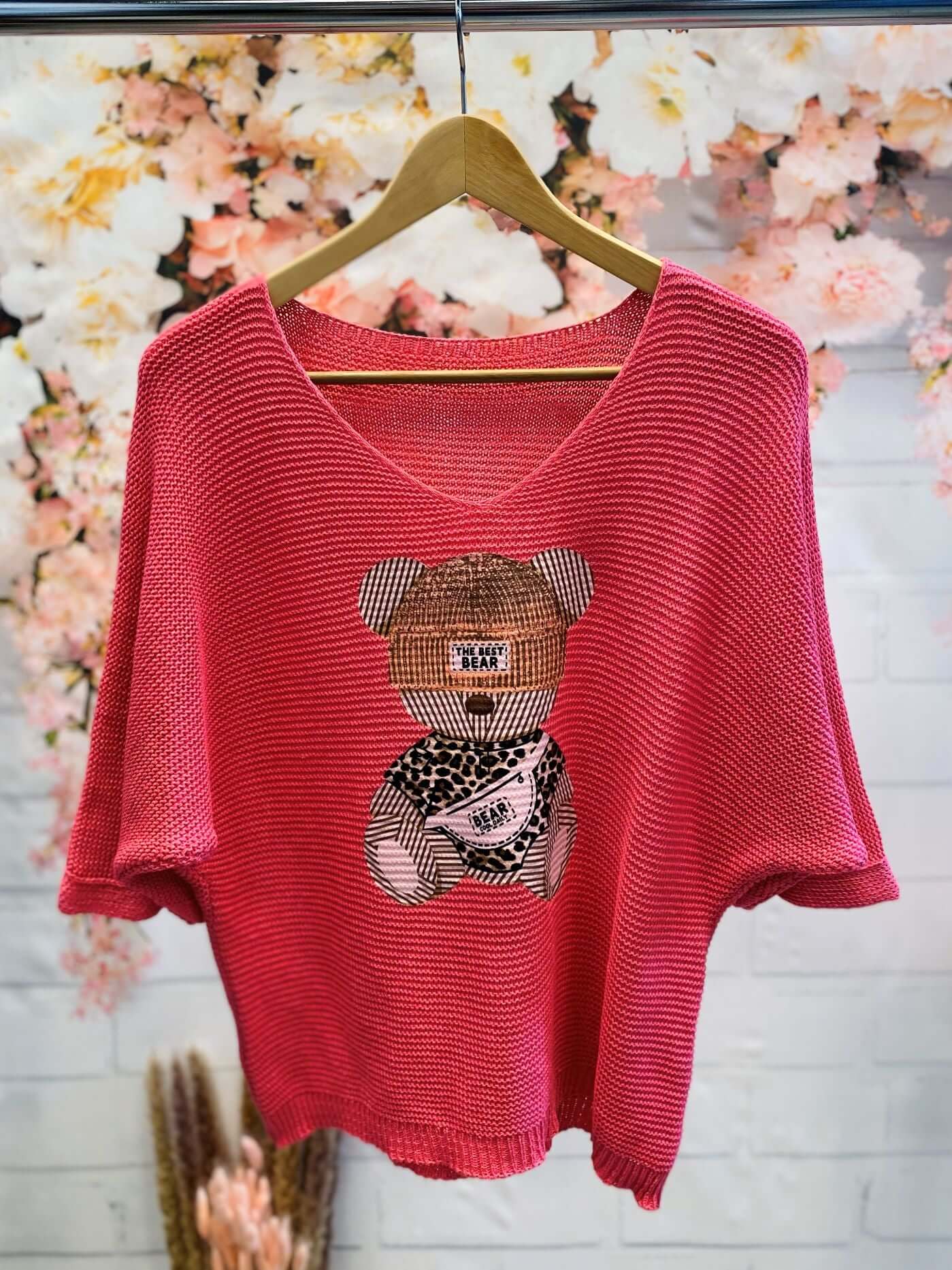 Kurzarm Strick-Pullover mit Bärmotiv