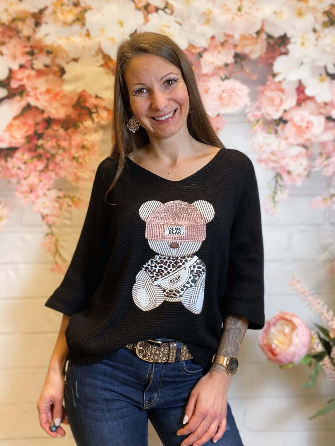 Kurzarm Strick-Pullover mit Bärmotiv