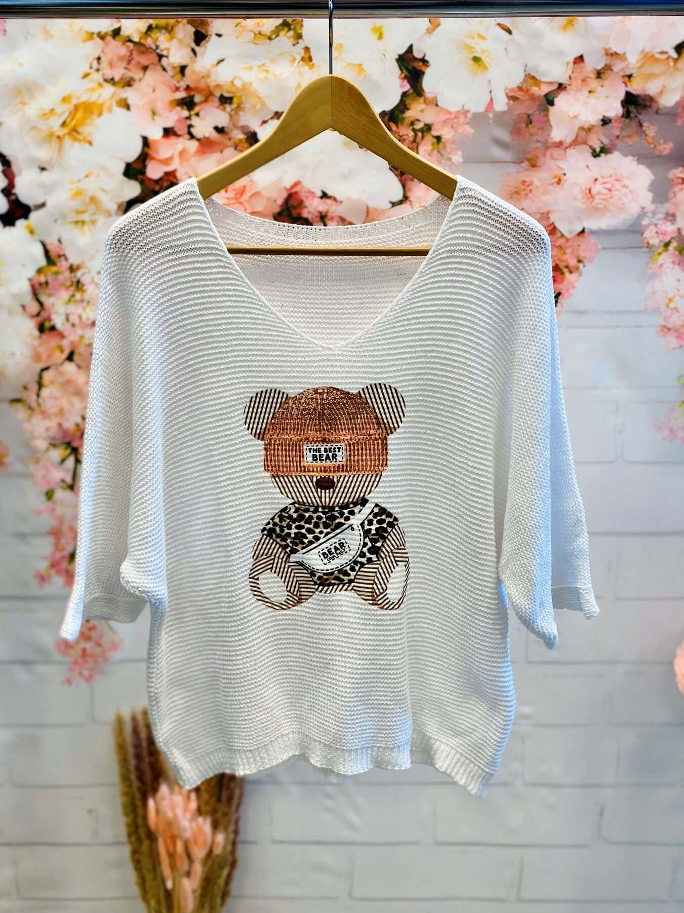 Kurzarm Strick-Pullover mit Bärmotiv