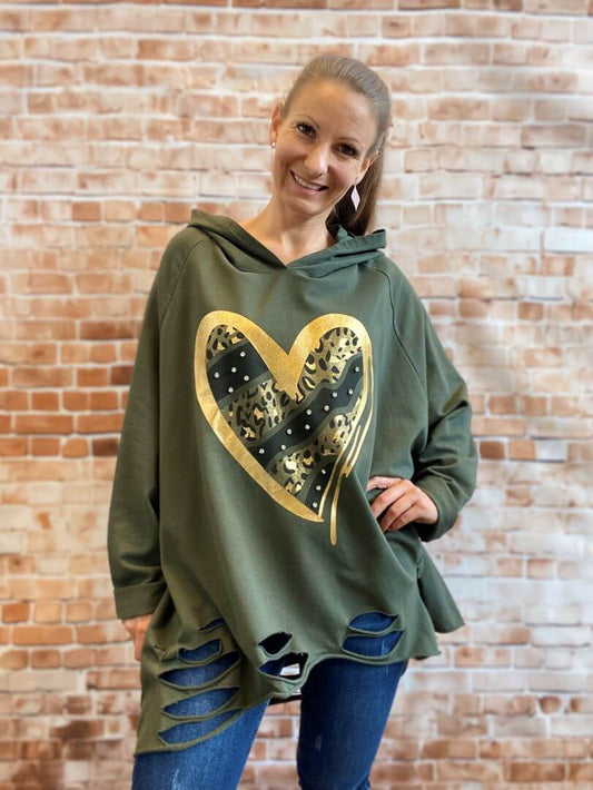 Zerrissener Oversize Kapuzenpullover mit goldenem Herz