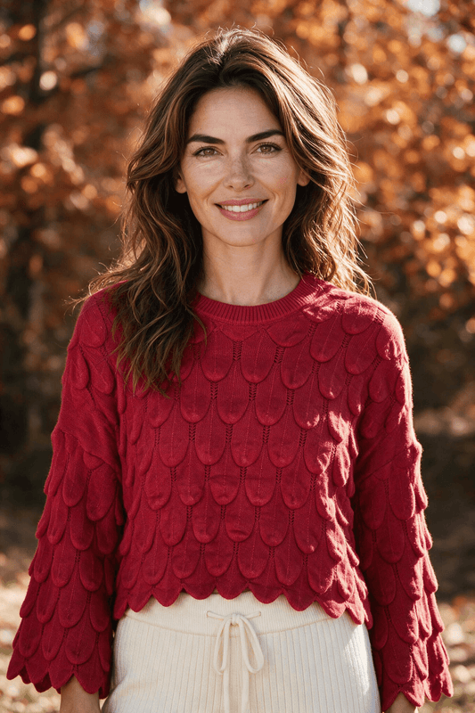 Kürzerer Strickpullover mit 3D-Blättermuster