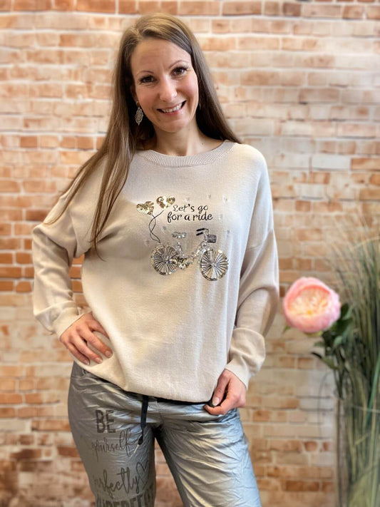 Strickpullover mit Fahrradmotiv & Pailletten