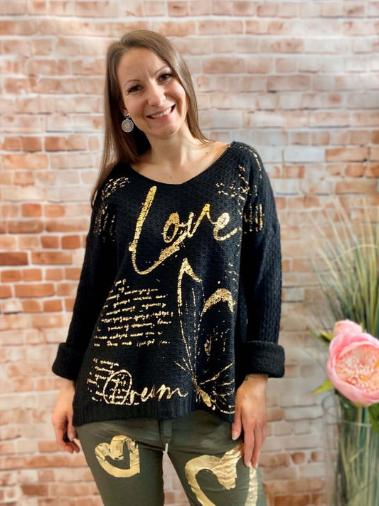 Strickpullover mit goldener Aufschrift