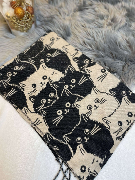 Schal mit großen Katzen - Schwarz/Beige