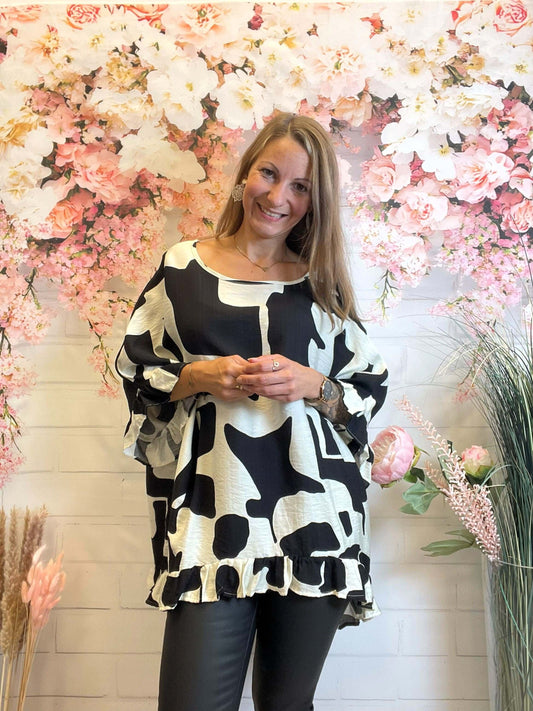 Gemusterte Kurzarmbluse mit Rüschenärmeln