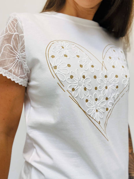 Cremeweißes Kurzarmshirt mit transparenten Ärmeln