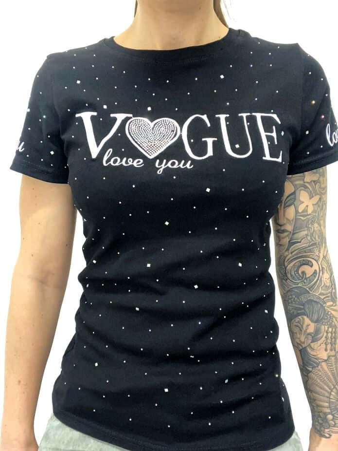 Schwarzes Kurzarmshirt mit Strasssteinen