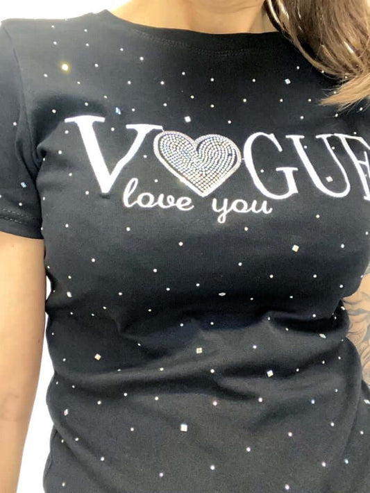 Schwarzes Kurzarmshirt mit Strasssteinen