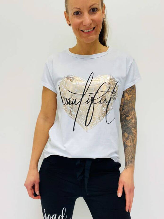 Weißes Kurzarmshirt mit goldernem Herz