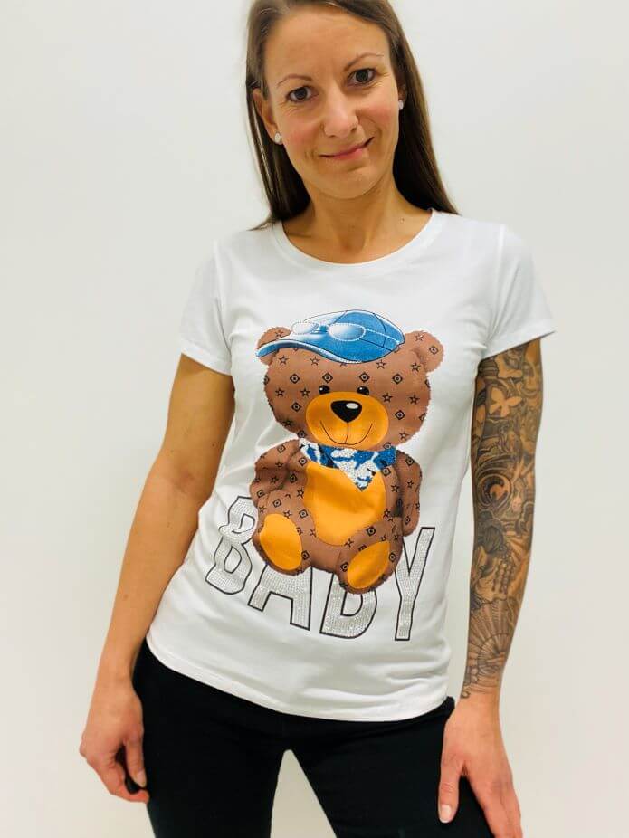 Shirt in Weiß mit Bärmotiv - kurzarm