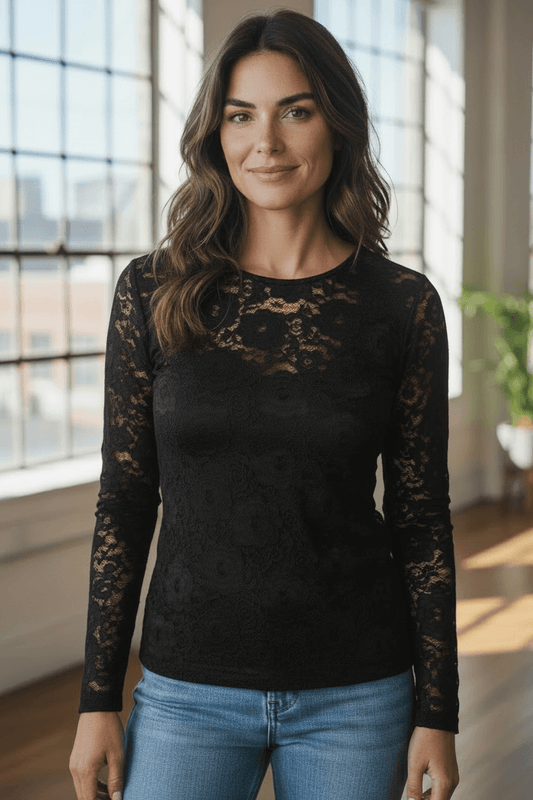 Transparentes Spitzenshirt mit Blumenmuster - langarm