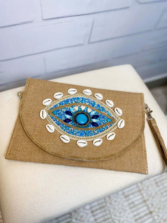 Kleine bunte Strohtasche - Clutch in Beige