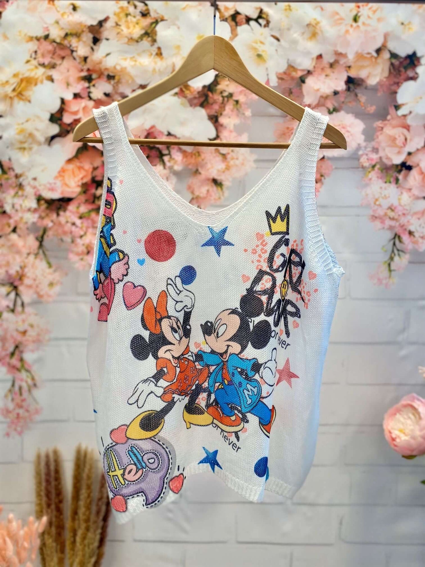 Netztop mit V-Ausschnitt und Mickey & Minnie Maus Motiv