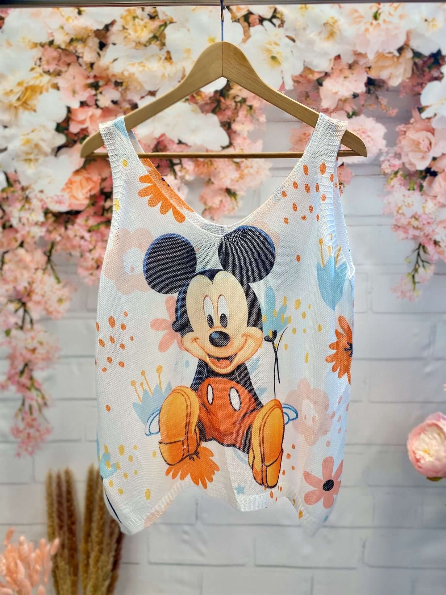 Netztop mit V-Ausschnitt und Mickey & Minnie Maus Motiv